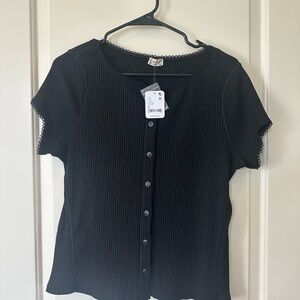 Free People Black Button-Up Ribbed Top